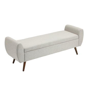 Light beige linen upholstered storage bench with padded armrests and wooden legs