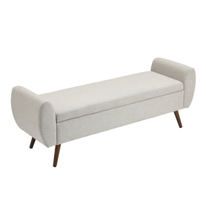 Light beige linen upholstered storage bench with padded armrests and wooden legs