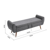 Grey upholstered storage bench with padded backrests and tapered wooden legs