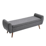 Grey linen upholstered storage bench with rounded arms and tapered wooden legs