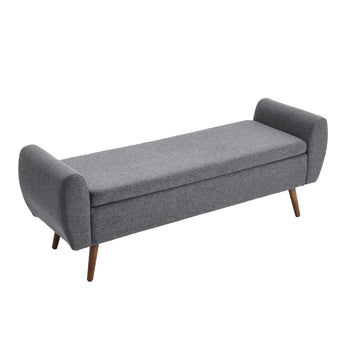 Grey linen upholstered storage bench with rounded arms and tapered wooden legs