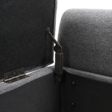 Grey linen storage bench interior with black hinge and latch on lid