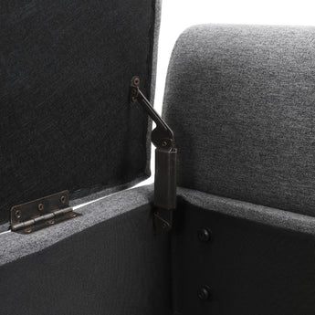 Grey linen storage bench interior with black hinge and latch on lid