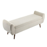 Cream upholstered storage bench with rounded ends and wooden legs
