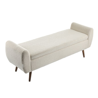 Cream upholstered storage bench with rounded ends and wooden legs