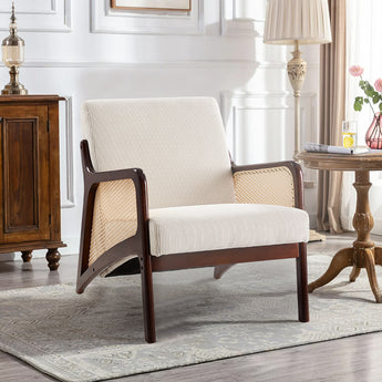 63cm wide corduroy armchair with rattan armrests, grey seat and back, dark wood frame