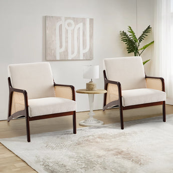 Set of grey corduroy armchairs featuring rattan armrests and dark wood frame, wide design