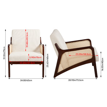 63cm wide corduroy armchair, cream seat with rattan armrests