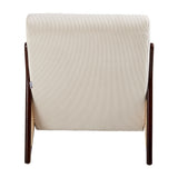 Back view of cream corduroy armchair, rattan sides visible, dark wood legs