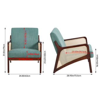 63cm wide corduroy armchair, green seat with rattan armrests
