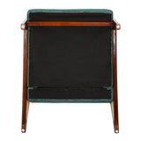 Corduroy armchair seat cushion with rattan arms and green trim