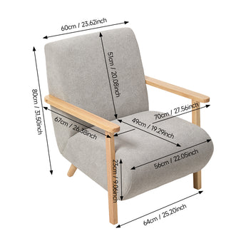 Grey armchair dimensions diagram: 60cm W, 70cm D, 80cm H.