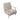 Grey chenille upholstered armchair front three-quarter view with light wood arms.
