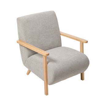 Grey chenille upholstered armchair front three-quarter view with light wood arms.