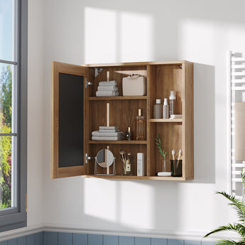 Wall mounted bathroom mirror cabinet in wood grain with open doors and 3-tier shelving