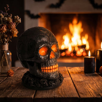 Black skull decoration with glowing orange eyes and teeth on a textured base