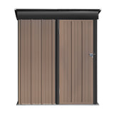 Outdoor metal storage shed front panel close-up with lockable door and black trim