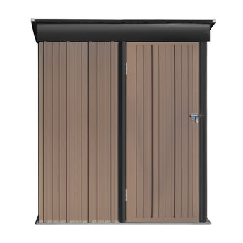 Outdoor metal storage shed front panel close-up with lockable door and black trim