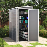 Gray plastic garden storage shed with lockable side door, pent roof, visible interior shelves