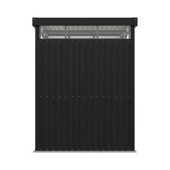 Metal storage shed wall with flat roof overhang, dark gray vertical panel siding and open frame