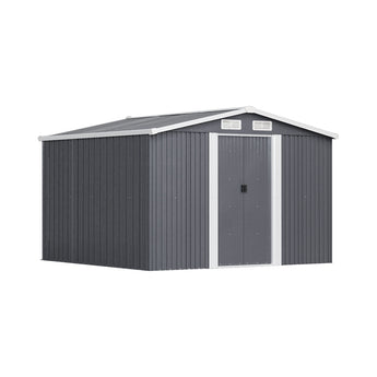 Black steel garden shed with gabled roof, double doors, and vent panels