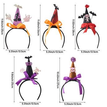 Set of 5 Halloween witch headbands with bows and bat/skull decorations
