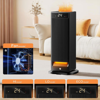 Black PTC electric heater with LED display and warm heating glow on a standing base