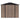 Brown metal garden storage shed with black roof and sliding double doors, latch-style handle