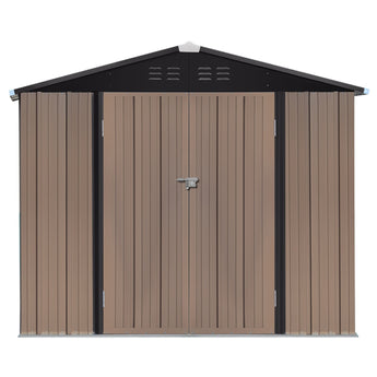 Brown metal garden storage shed with black roof and sliding double doors, latch-style handle