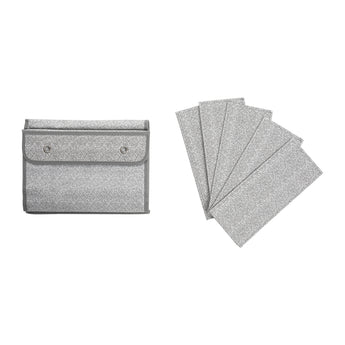Grey pocket organizer panels with snap buttons and stackable, foldable compartments
