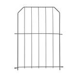 Black metal garden fence panel with vertical grid bars and curved top rail