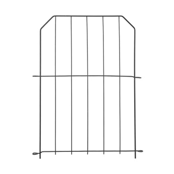 Black metal garden fence panel with vertical grid bars and curved top rail