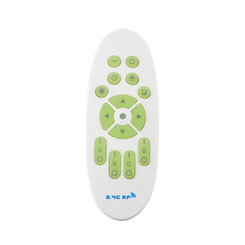 White remote control with green buttons and directional pad for LED lighting