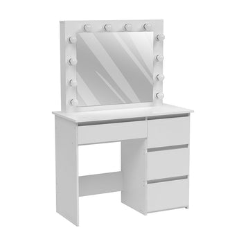 White dressing table with square lighted mirror, open cubby and side drawer unit