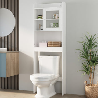 White over-toilet storage cabinet with open shelves and top door for bathroom supplies