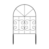 Black metal garden fence panel with arched top, scroll motifs, and two stake posts