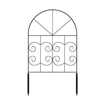 Black metal garden fence panel with arched top, scroll motifs, and two stake posts