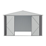 Grey metal storage shed with apex roof, double doors, and two roof vents
