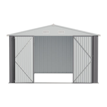 Grey metal storage shed with apex roof, double doors, and two roof vents