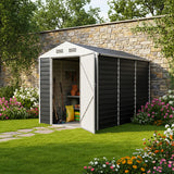 Metal garden storage shed with open front, dark gray panels and white double doors