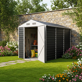 Metal garden storage shed with open front, dark gray panels and white double doors