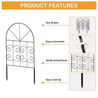 Arched black metal garden border fence panel with scrollwork, shown with stakes
