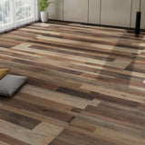 Wood-grain PVC self-adhesive plank flooring tiles, staggered pattern, brown tones