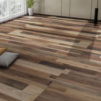 Wood-grain PVC self-adhesive plank flooring tiles, staggered pattern, brown tones