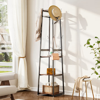 Tall coat rack with 4 shelves, black frame, hat top and multiple side hooks