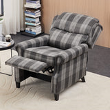 Grey plaid recliner chair with footrest, tufted back cushion, and curved arms.