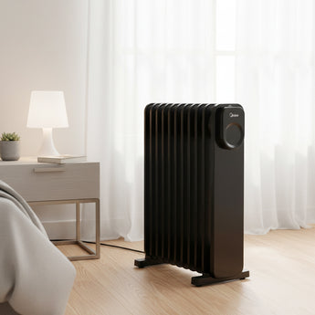 Black oil-filled radiator heater with 11 fins and round control knob on the front