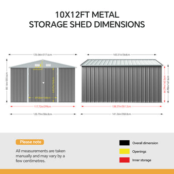 10x12ft grey metal storage shed dimensions diagram with apex roof