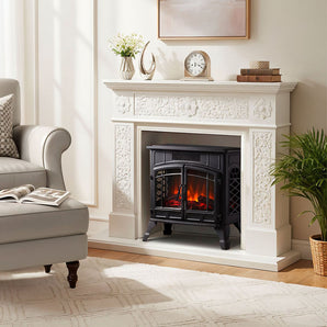 Freestanding electric fireplace heater installed in a white mantel with red flame glow