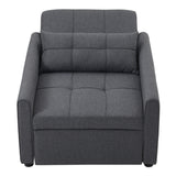 Dark grey upholstered sofa bed chair front panel with tufted seat cushions
